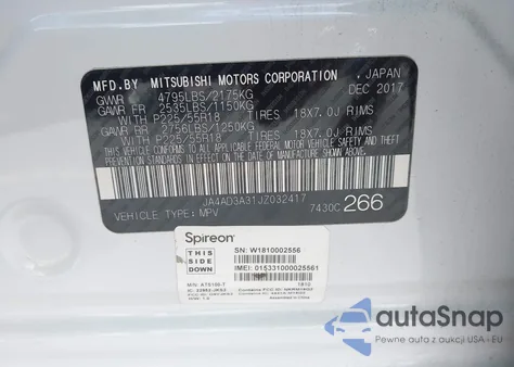 2018 Mitsubishi Outlander Se z USA, uszkodzony, nr VIN JA4AD3A31JZ032417